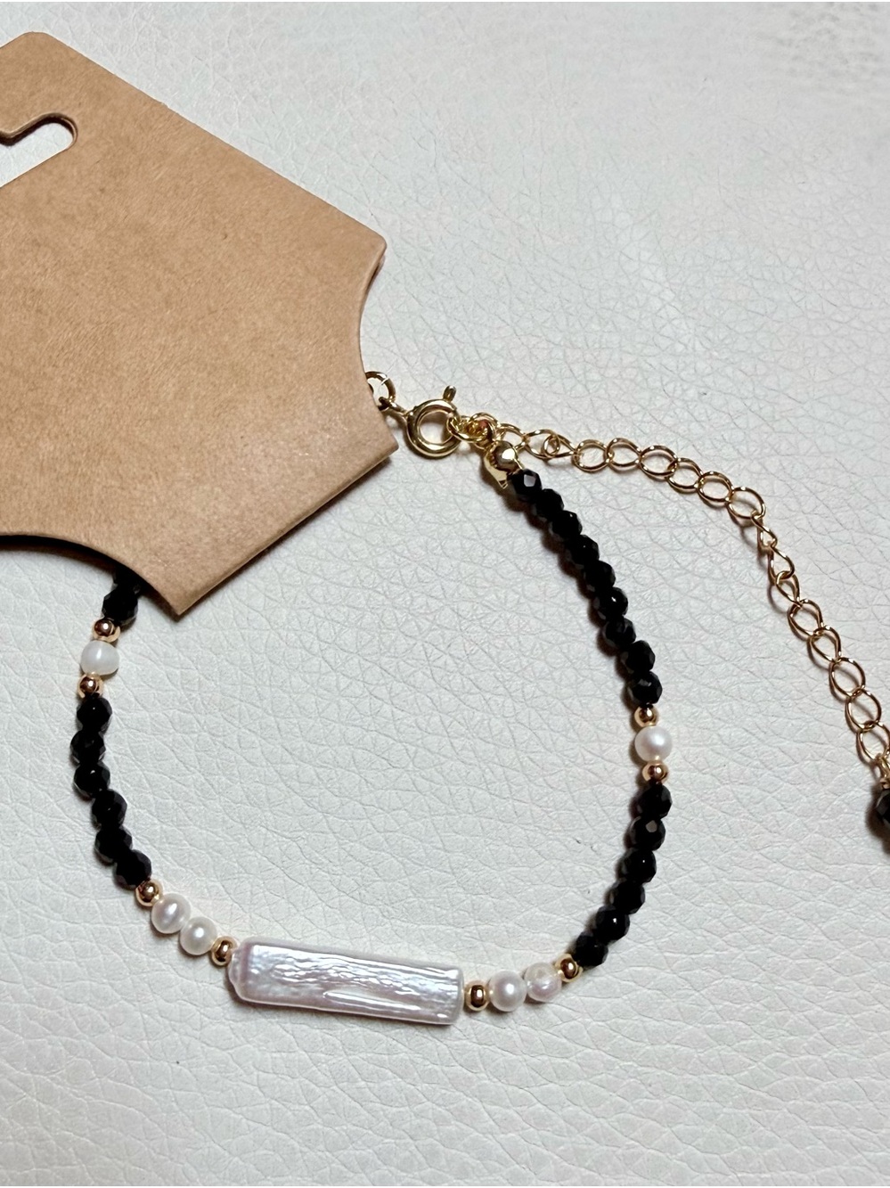 Black Spinel Crystal Beads and Pearl Bar Bracelet with 18K Gold Plated accents